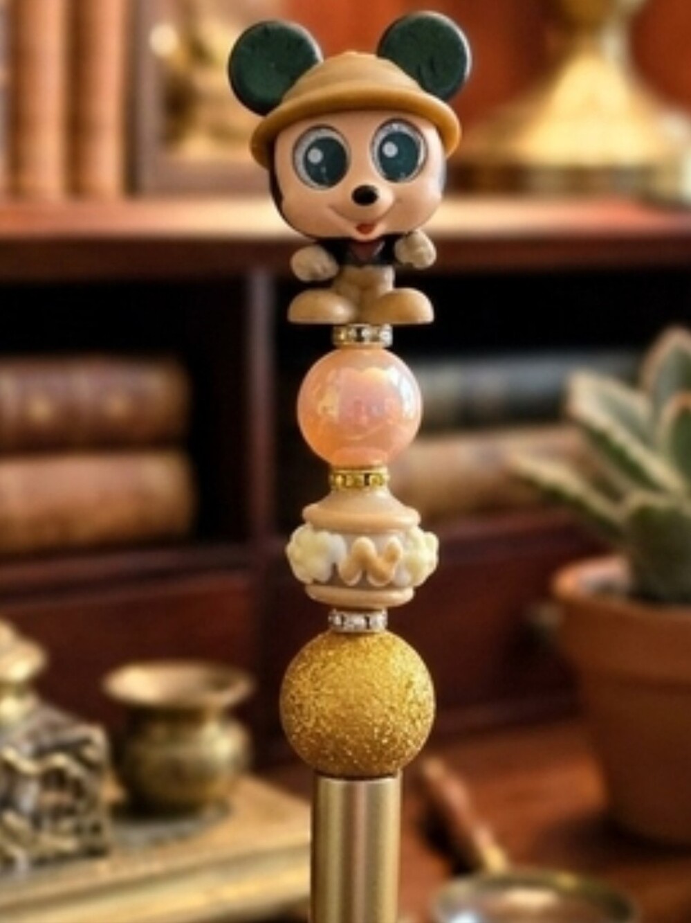 Cute Micky Mouse Beaded Pen in Green, Gold Color
